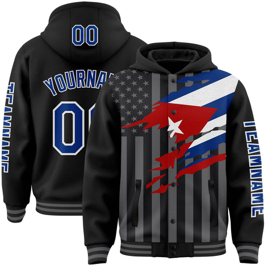 Custom Black Royal-Gray Cuba Cuban Flag 3D Bomber Full-Snap Varsity Letterman Hoodie Jacket - Main View