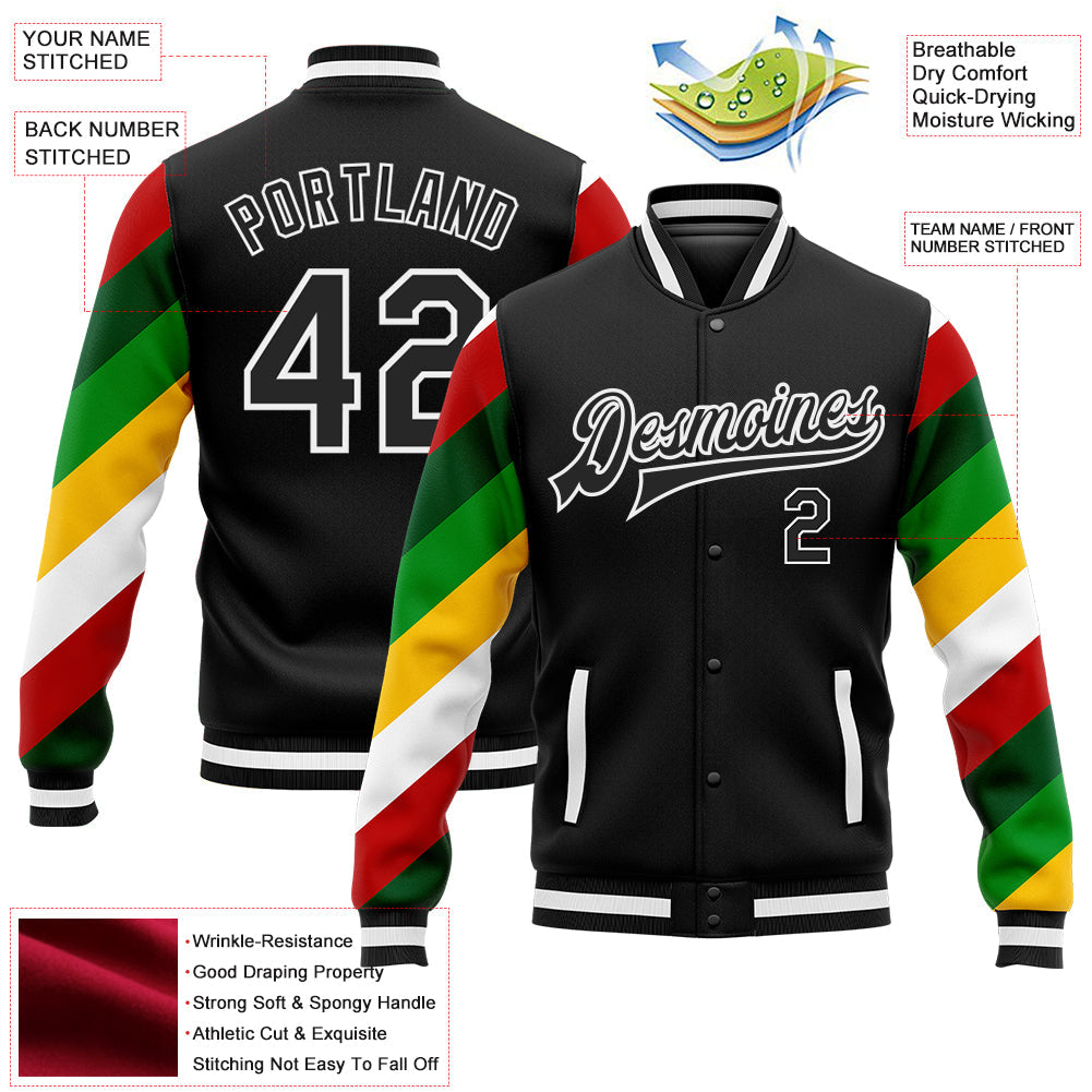 Custom Black White Christmas 3D Bomber Full-Snap Varsity Letterman Jacket view 5