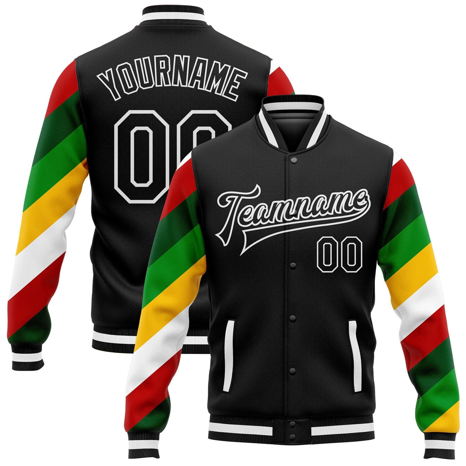 Custom Black White Christmas 3D Bomber Full-Snap Varsity Letterman Jacket - Main View
