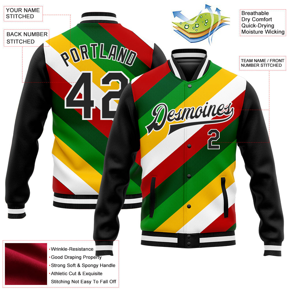 Custom Black White Christmas 3D Bomber Full-Snap Varsity Letterman Jacket view 5