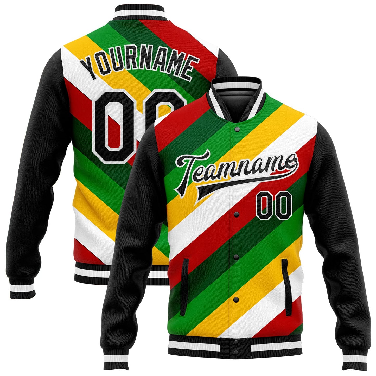 Custom Black White Christmas 3D Bomber Full-Snap Varsity Letterman Jacket - Main View