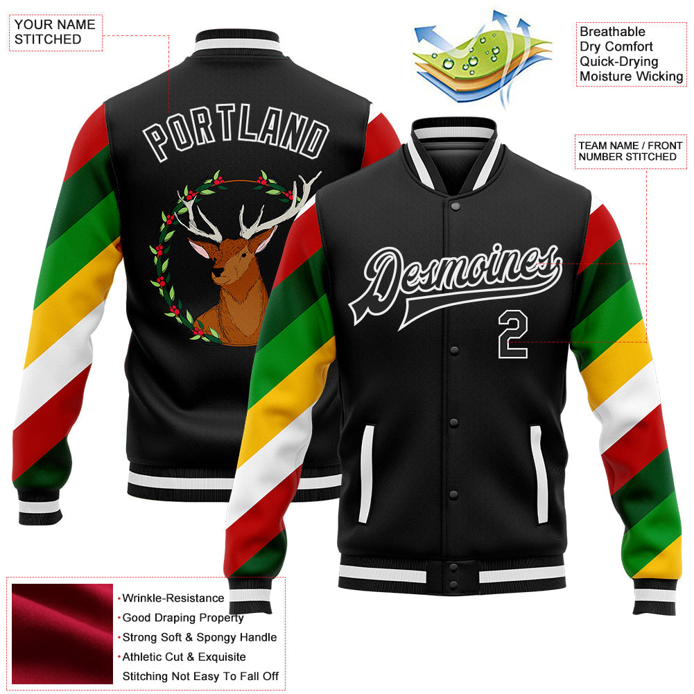 Custom Black White Christmas 3D Bomber Full-Snap Varsity Letterman Jacket view 5
