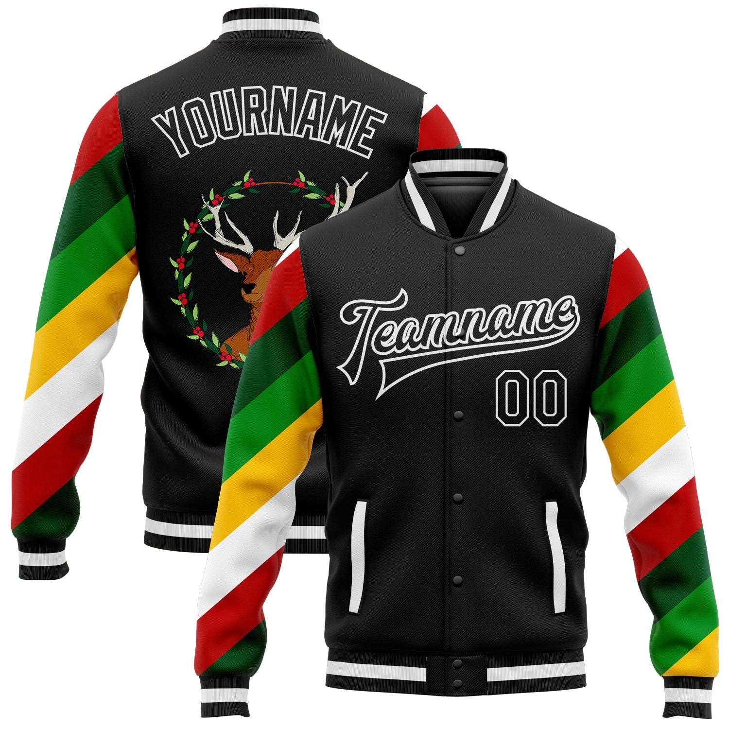 Custom Black White Christmas 3D Bomber Full-Snap Varsity Letterman Jacket - Main View
