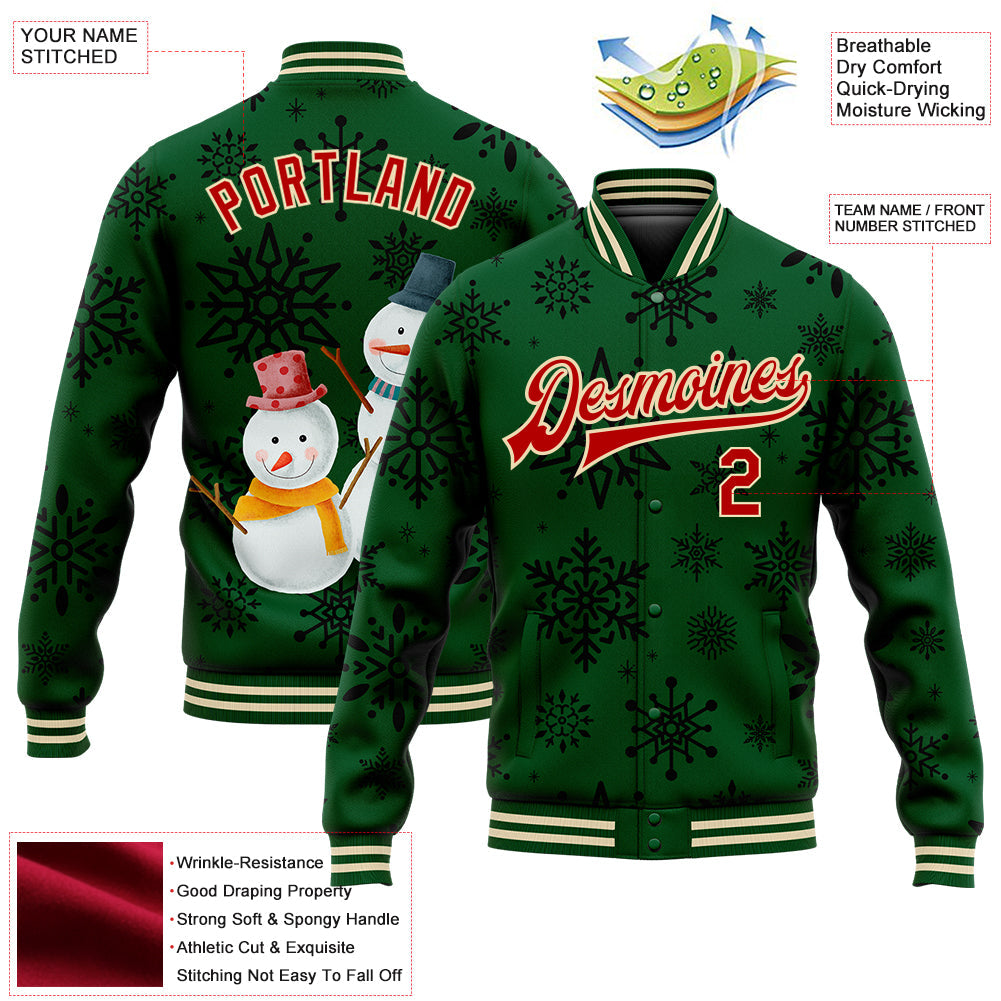 Custom Green Red-Cream Christmas 3D Bomber Full-Snap Varsity Letterman Jacket view 5