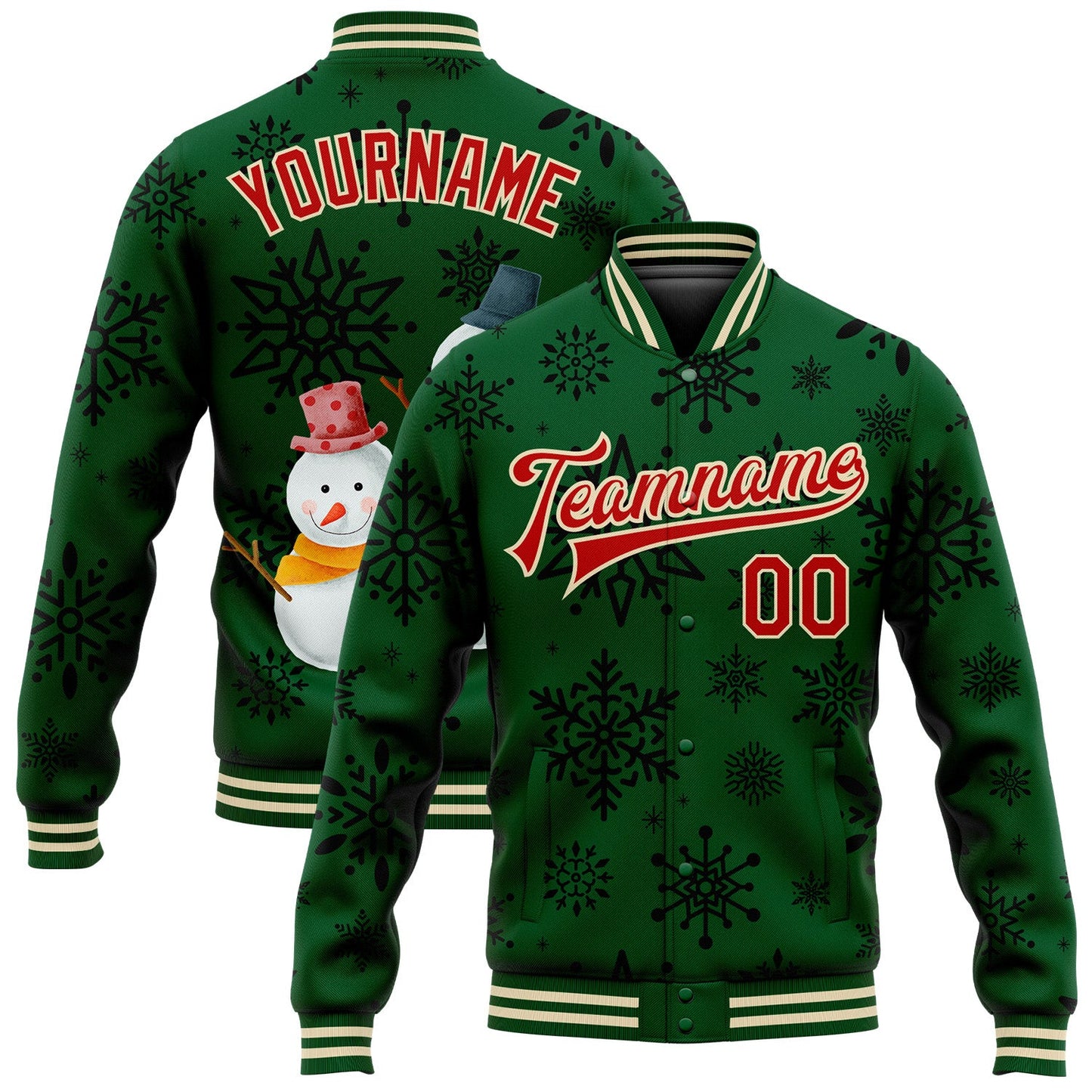 Custom Green Red-Cream Christmas 3D Bomber Full-Snap Varsity Letterman Jacket - Main View