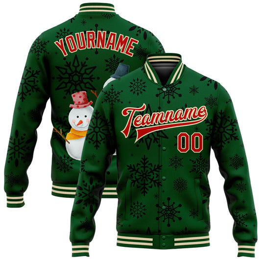 Custom Green Red-Cream Christmas 3D Bomber Full-Snap Varsity Letterman Jacket - Main View