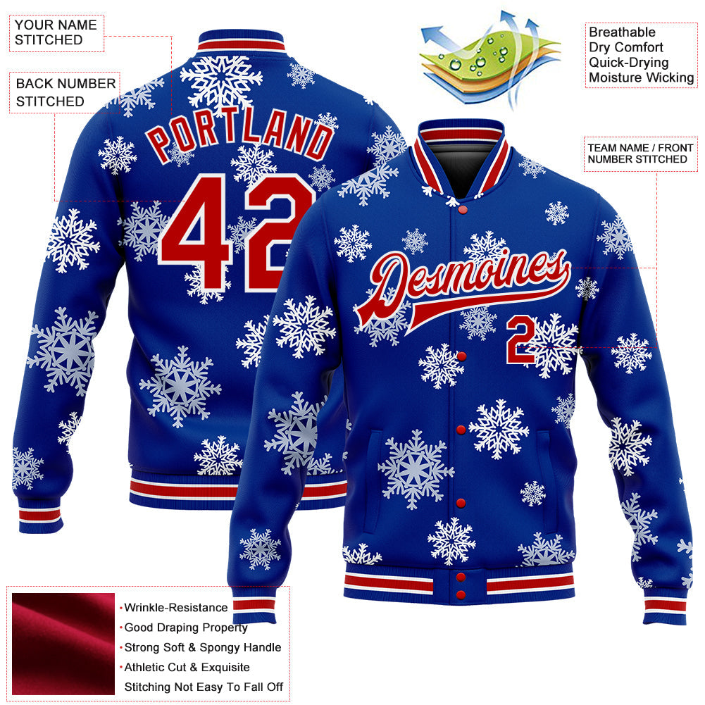 Custom Royal Red-White Christmas 3D Bomber Full-Snap Varsity Letterman Jacket view 5