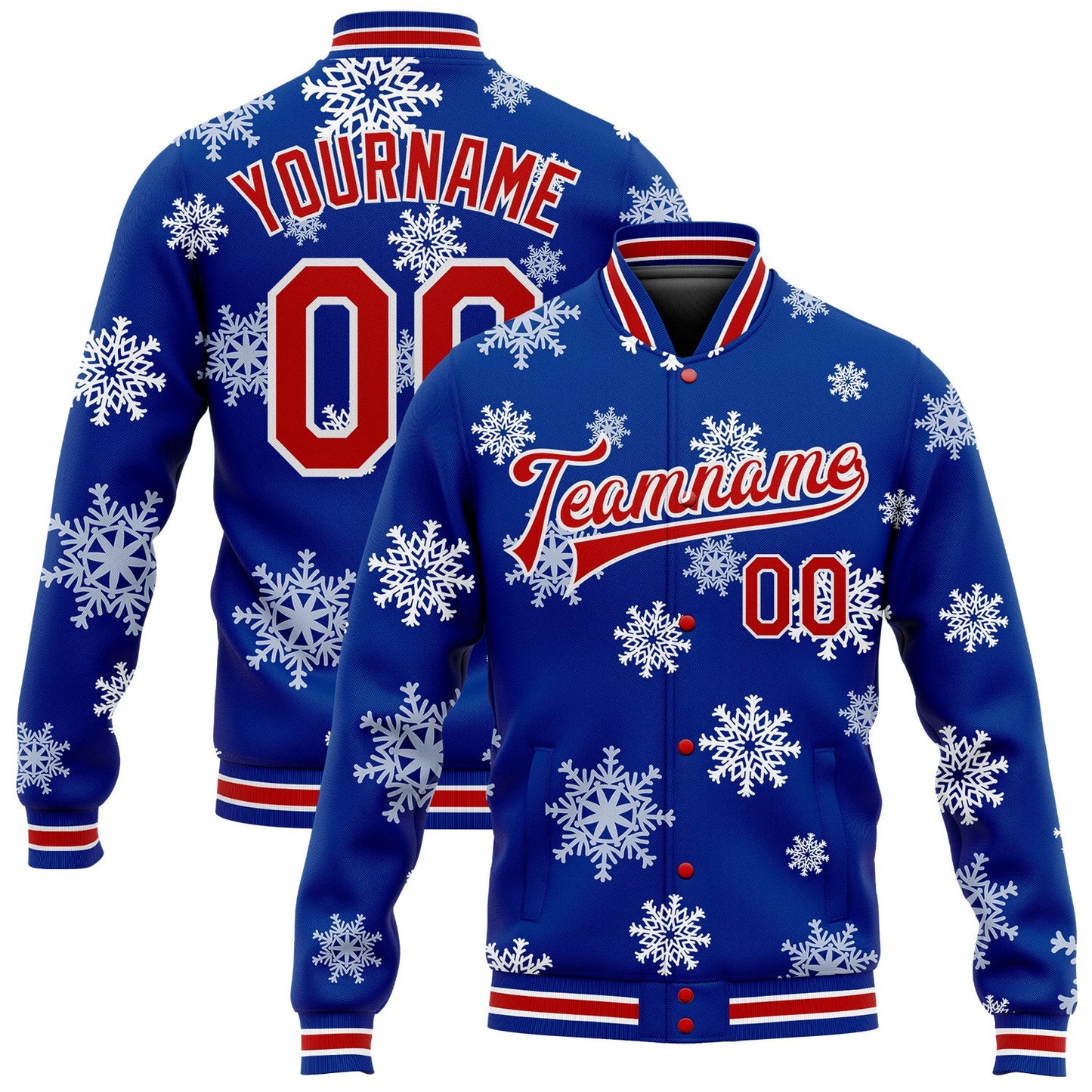 Custom Royal Red-White Christmas 3D Bomber Full-Snap Varsity Letterman Jacket - Main View