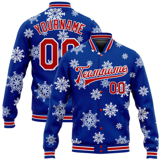 Custom Royal Red-White Christmas 3D Bomber Full-Snap Varsity Letterman Jacket - Main View