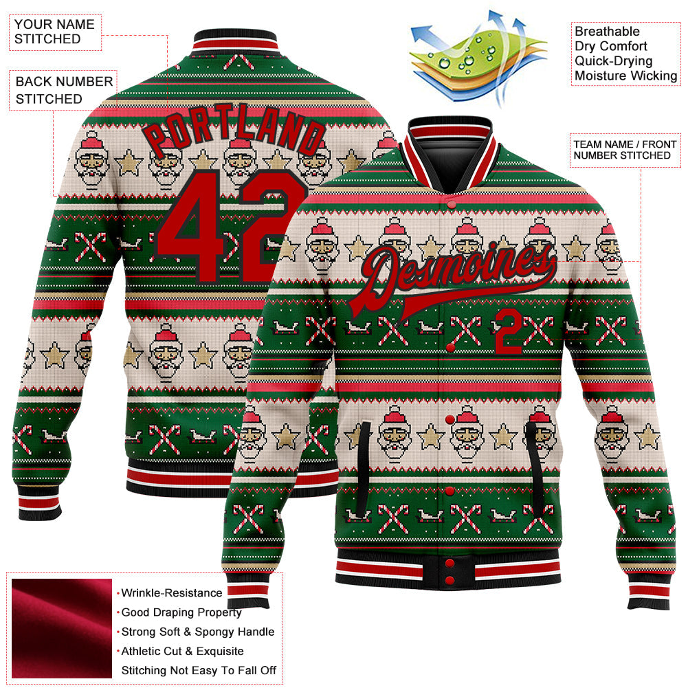 Custom Green Red-Black Christmas 3D Bomber Full-Snap Varsity Letterman Jacket view 5