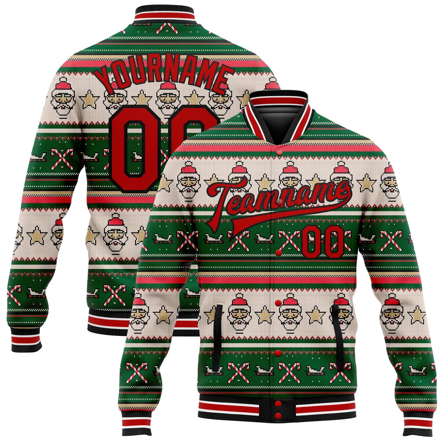 Custom Green Red-Black Christmas 3D Bomber Full-Snap Varsity Letterman Jacket - Main View