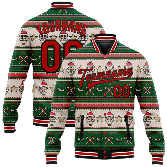 Custom Green Red-Black Christmas 3D Bomber Full-Snap Varsity Letterman Jacket - Main View