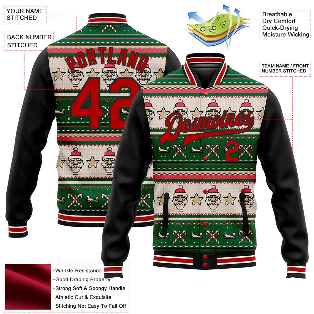 Custom Green Red-Black Christmas 3D Bomber Full-Snap Varsity Letterman Jacket view 5