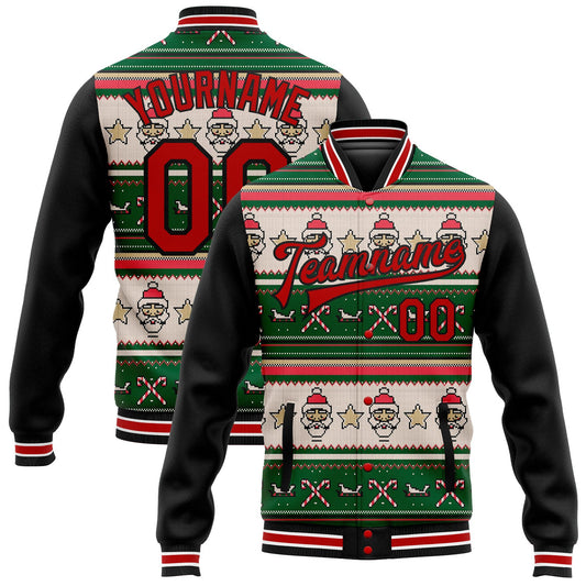 Custom Green Red-Black Christmas 3D Bomber Full-Snap Varsity Letterman Jacket - Main View