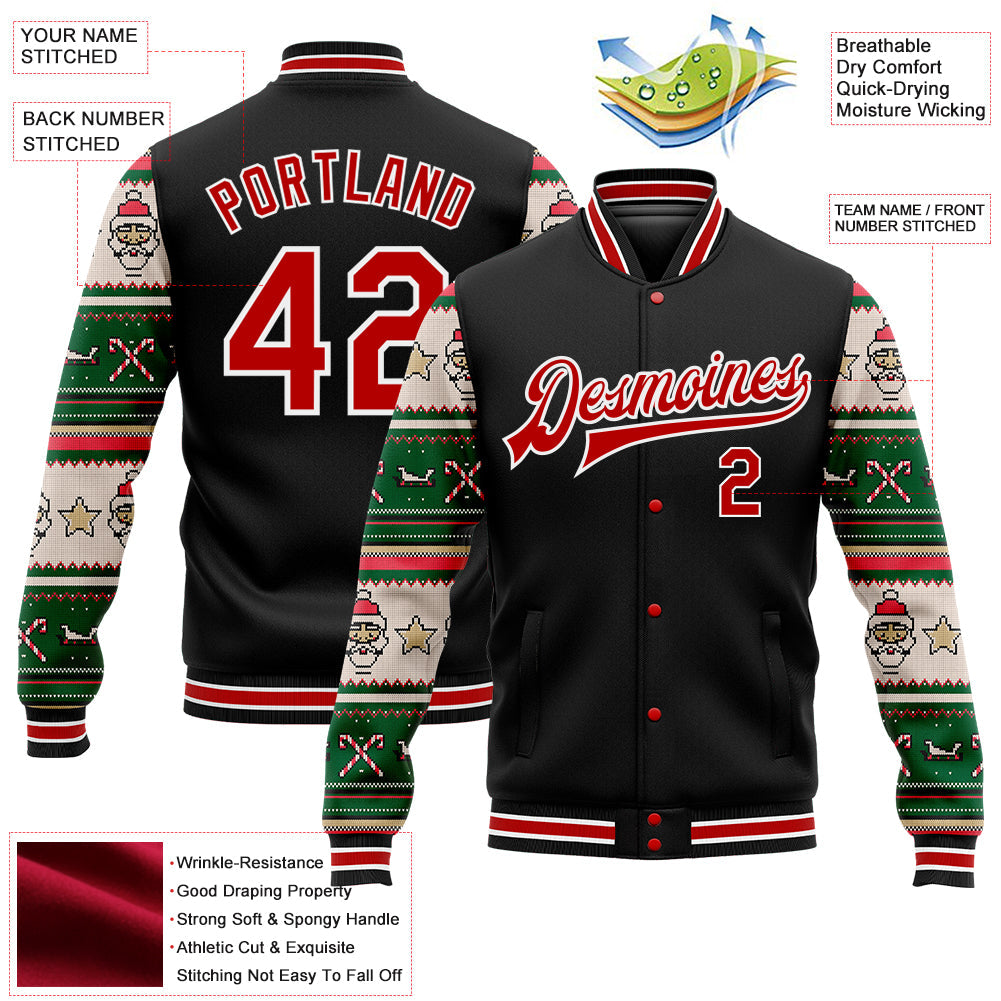 Custom Black Red-White Christmas 3D Bomber Full-Snap Varsity Letterman Jacket view 5