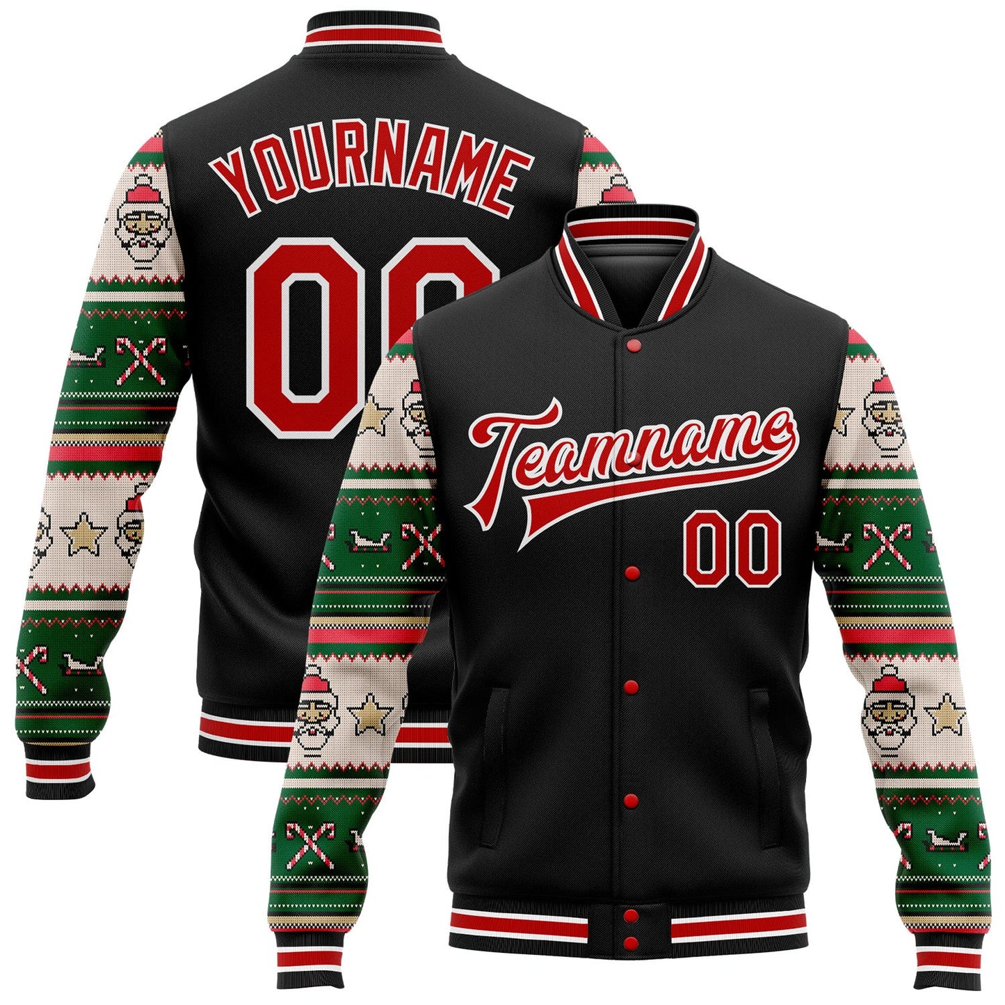 Custom Black Red-White Christmas 3D Bomber Full-Snap Varsity Letterman Jacket - Main View