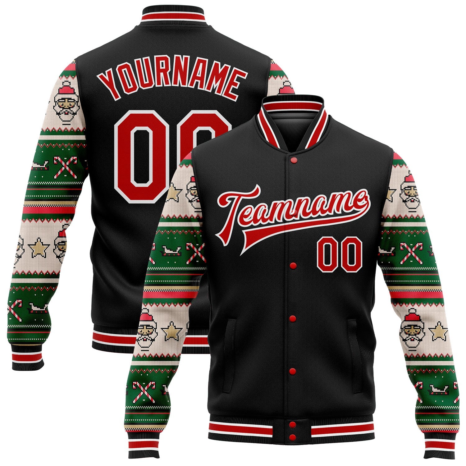 Custom Black Red-White Christmas 3D Bomber Full-Snap Varsity Letterman Jacket - Main View