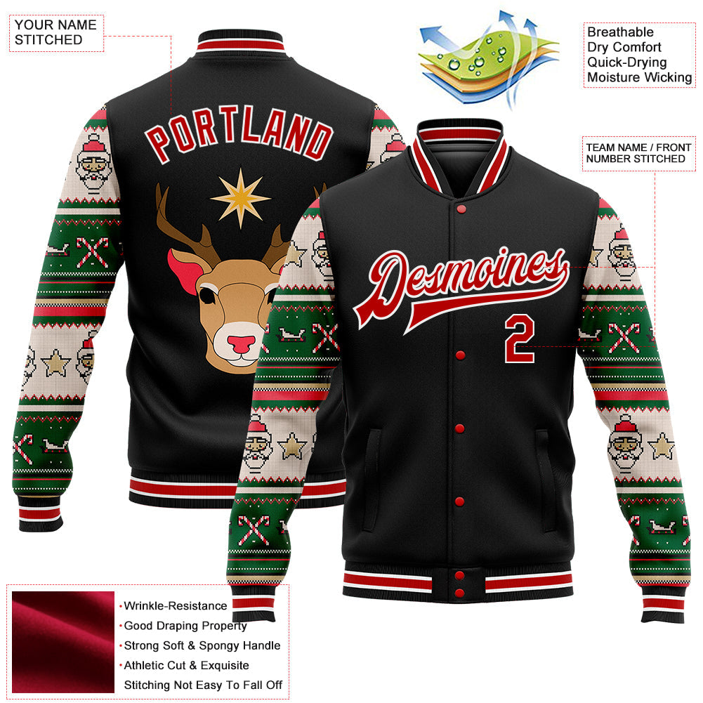 Custom Black Red-White Christmas 3D Bomber Full-Snap Varsity Letterman Jacket view 5