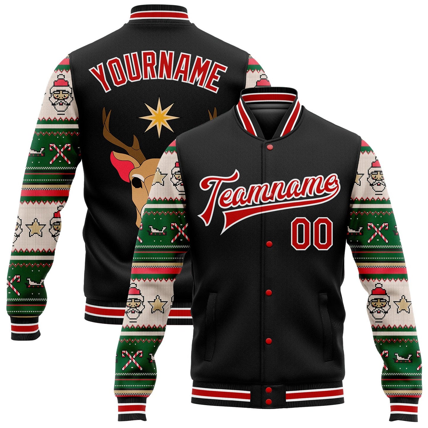 Custom Black Red-White Christmas 3D Bomber Full-Snap Varsity Letterman Jacket - Main View