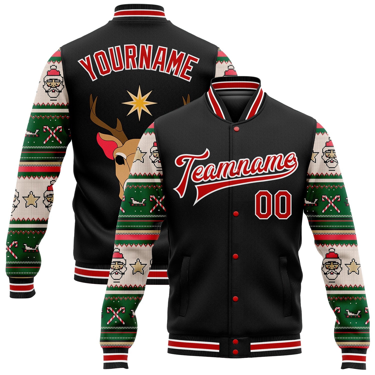 Custom Black Red-White Christmas 3D Bomber Full-Snap Varsity Letterman Jacket - Main View