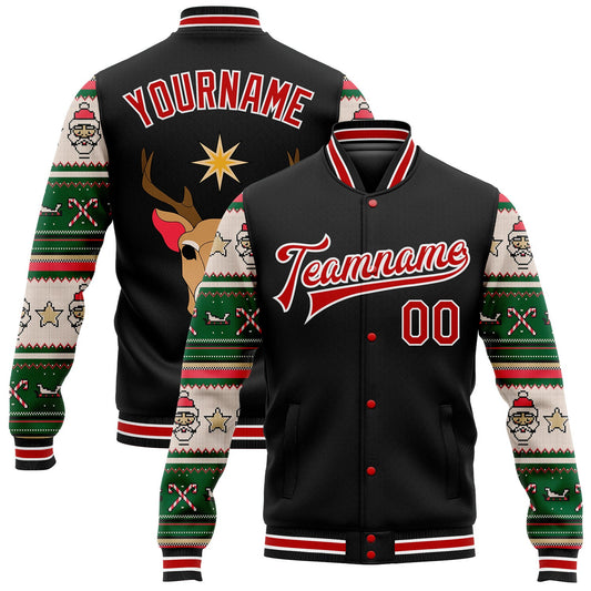 Custom Black Red-White Christmas 3D Bomber Full-Snap Varsity Letterman Jacket - Main View