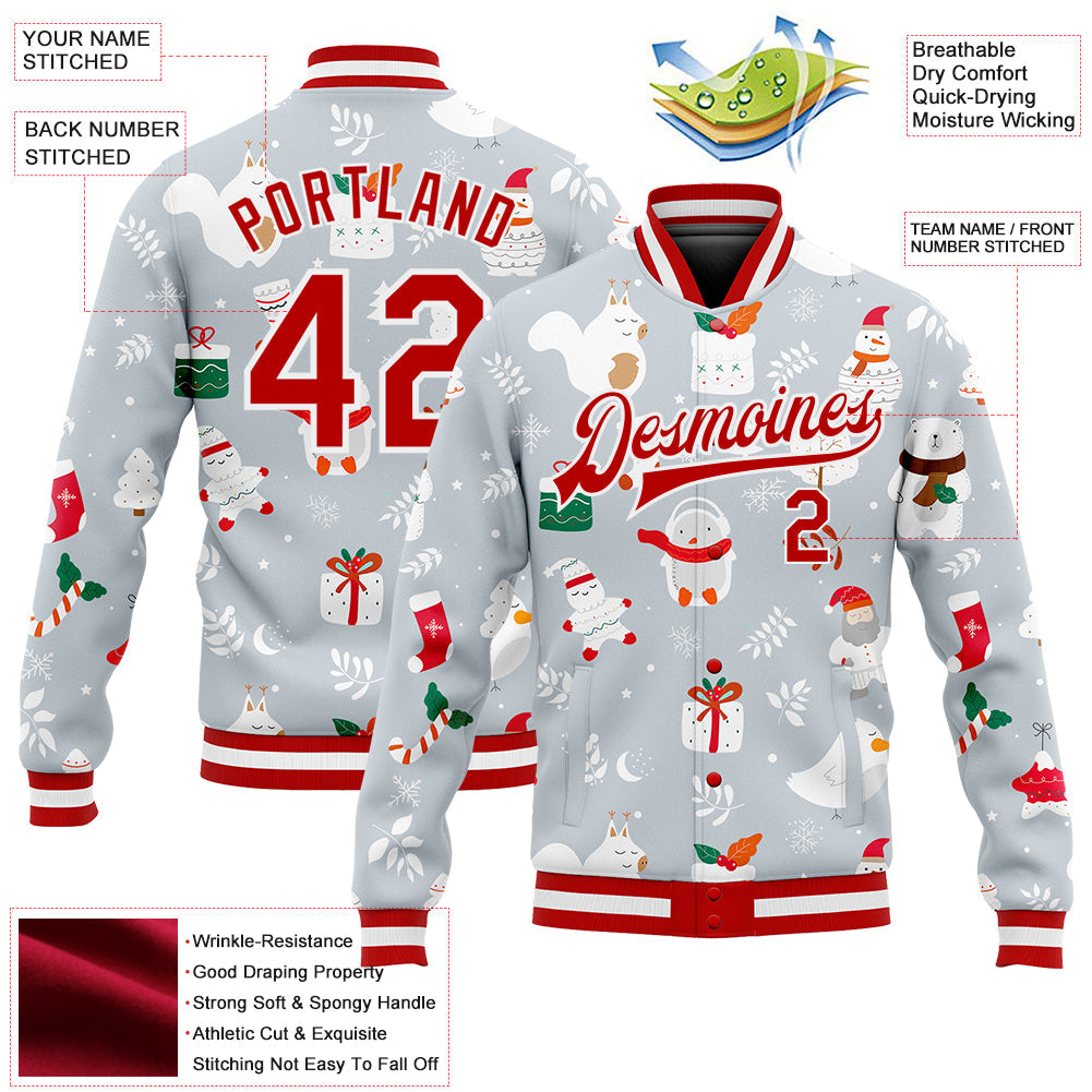 Custom Silver Red-White Christmas 3D Bomber Full-Snap Varsity Letterman Jacket view 5