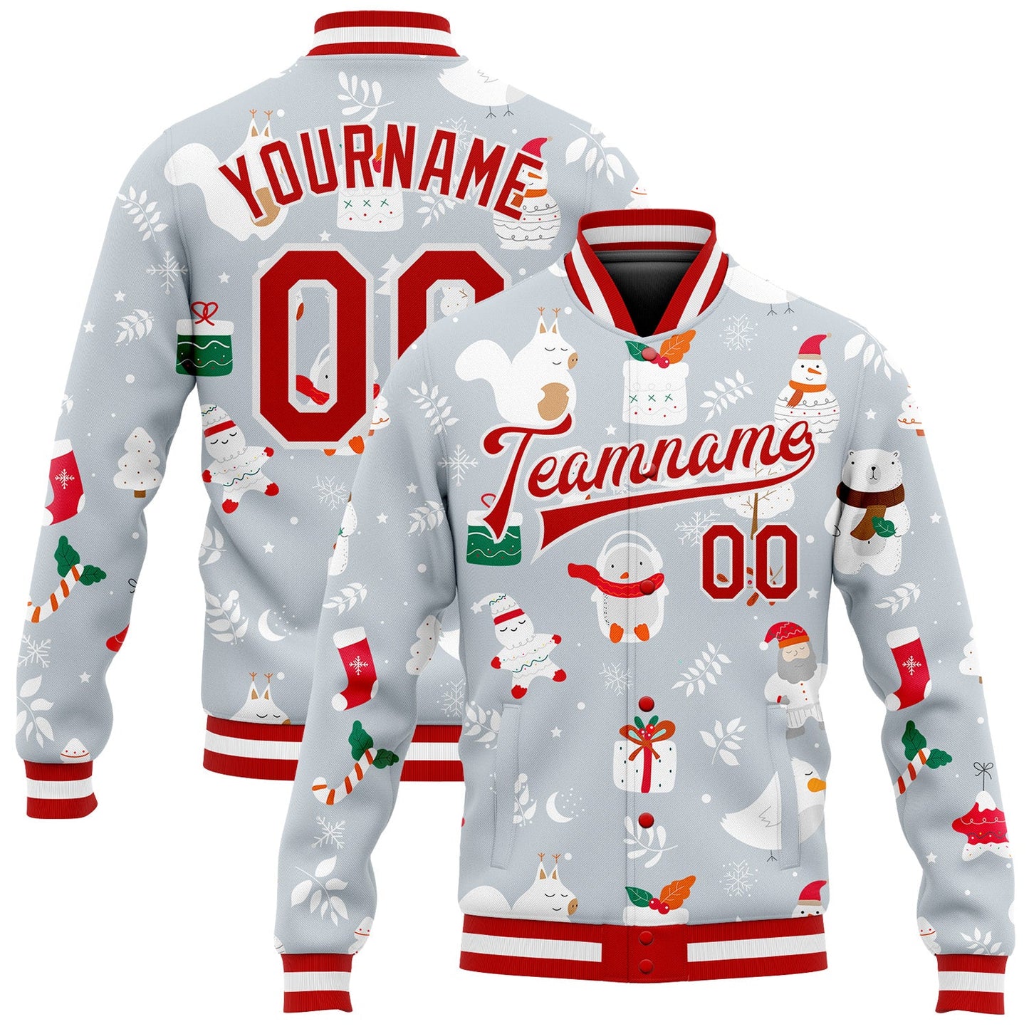 Custom Silver Red-White Christmas 3D Bomber Full-Snap Varsity Letterman Jacket - Main View