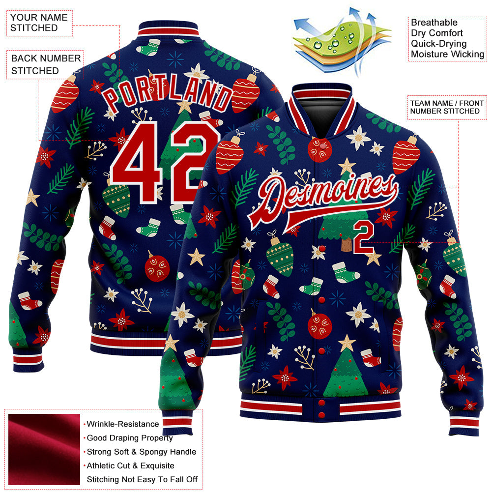 Custom Navy Red-White Christmas 3D Bomber Full-Snap Varsity Letterman Jacket view 5