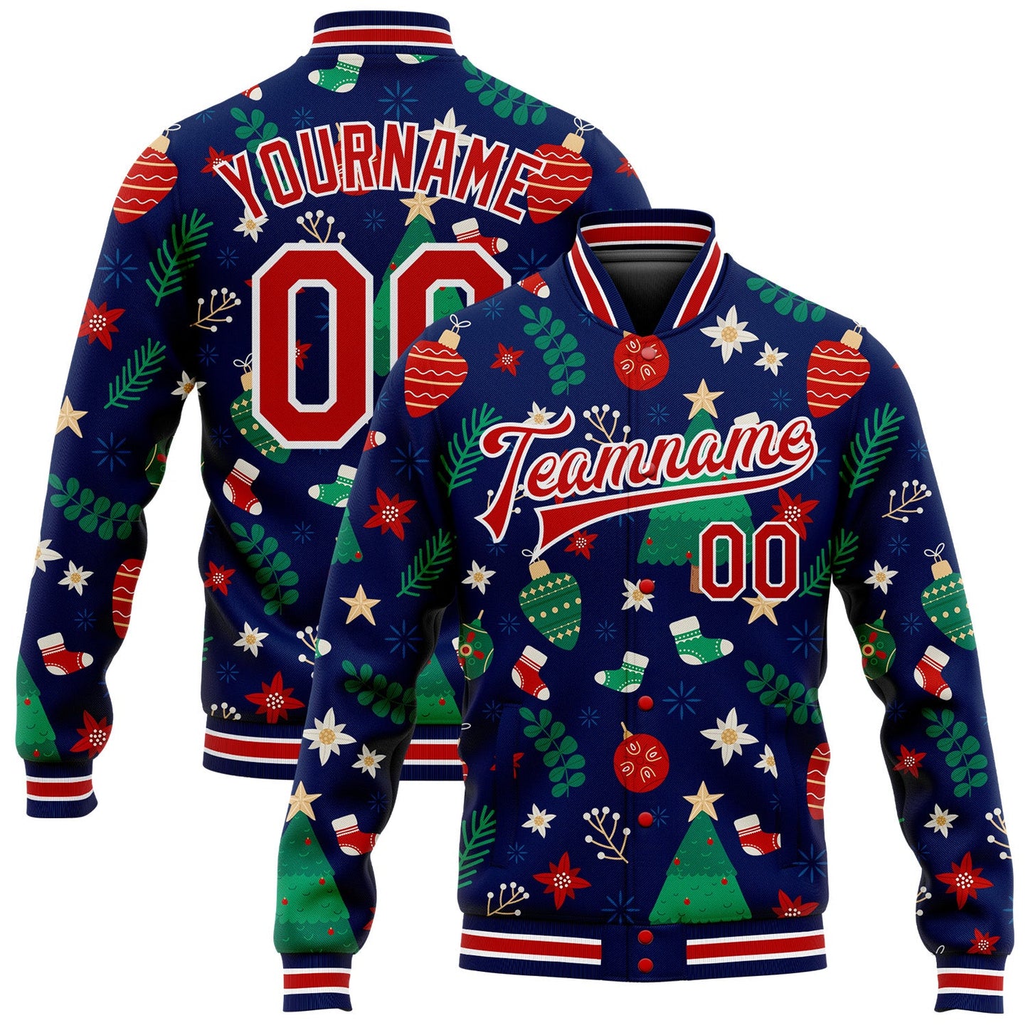 Custom Navy Red-White Christmas 3D Bomber Full-Snap Varsity Letterman Jacket - Main View