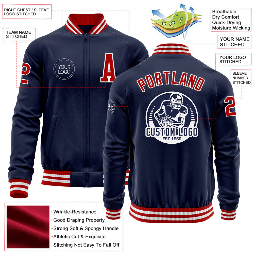 Custom Navy Red-White Bomber Varsity Letterman Zipper Jacket view 4
