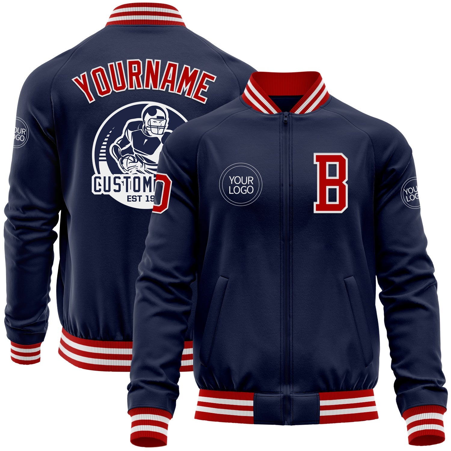 Custom Navy Red-White Bomber Varsity Letterman Zipper Jacket - Main View