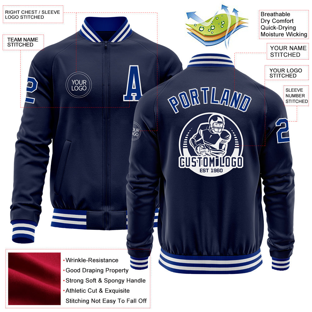 Custom Navy Royal-White Bomber Varsity Letterman Zipper Jacket view 4