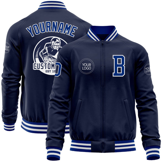 Custom Navy Royal-White Bomber Varsity Letterman Zipper Jacket - Main View