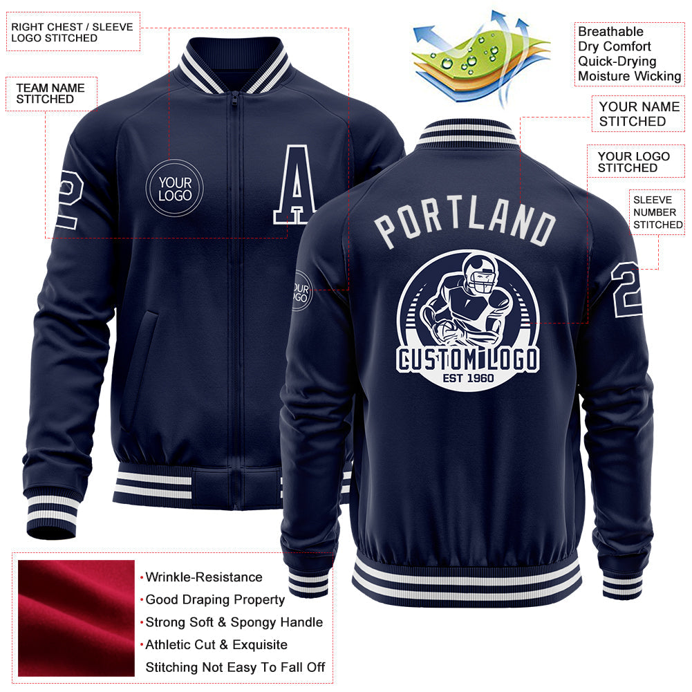 Custom Navy White Bomber Varsity Letterman Zipper Jacket view 4