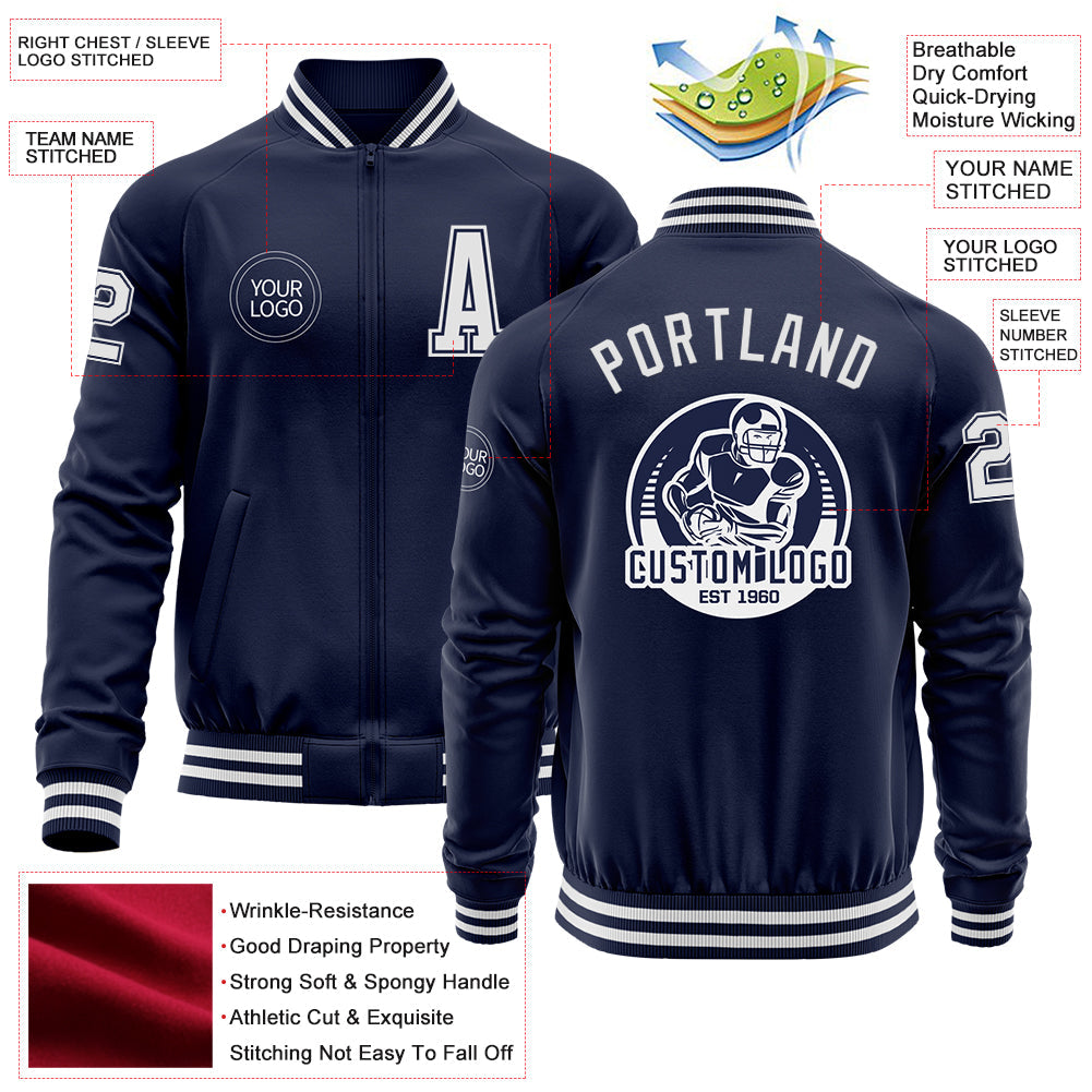 Custom Navy White Bomber Varsity Letterman Zipper Jacket view 4