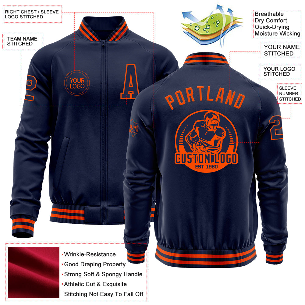 Custom Navy Orange Bomber Varsity Letterman Zipper Jacket view 4