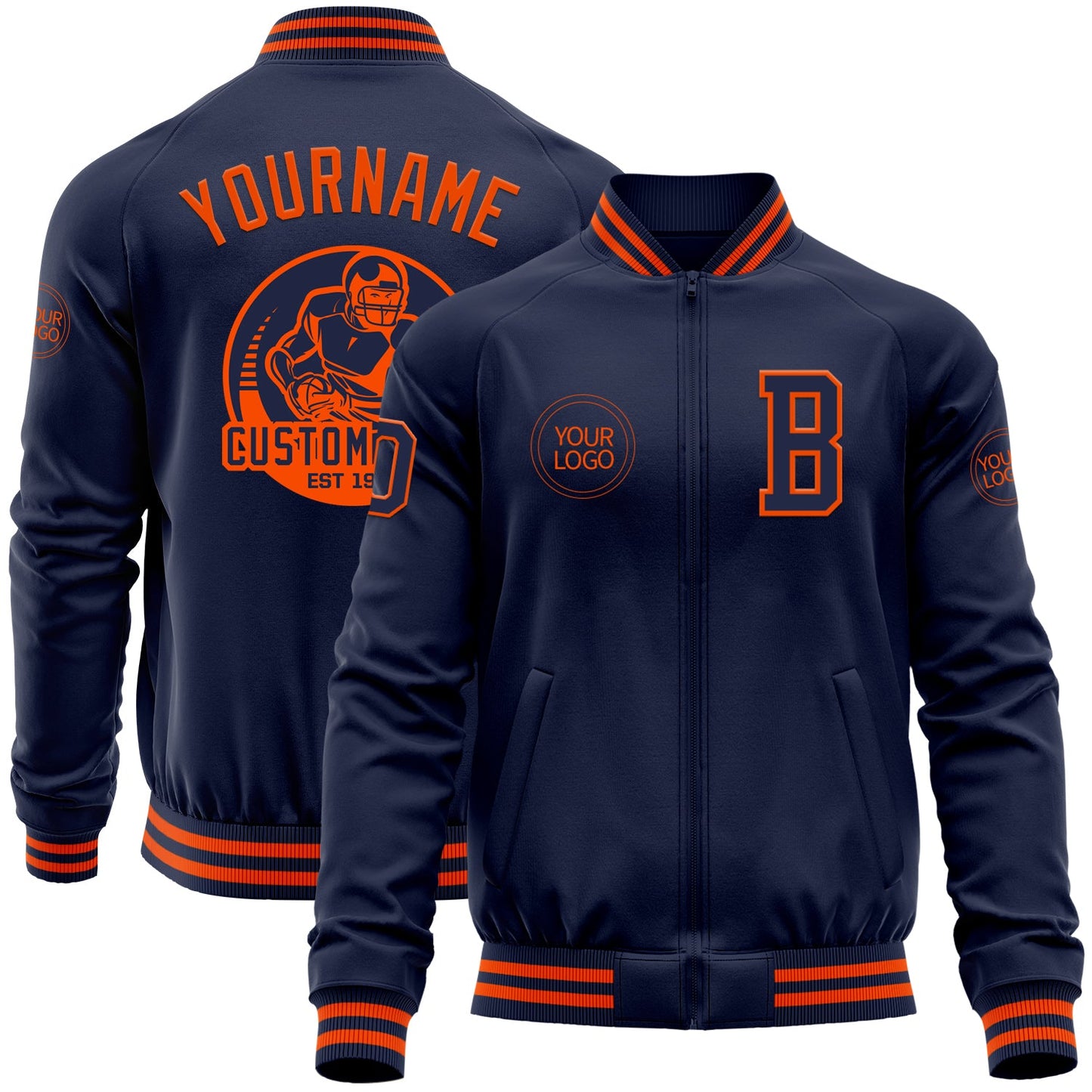 Custom Navy Orange Bomber Varsity Letterman Zipper Jacket - Main View