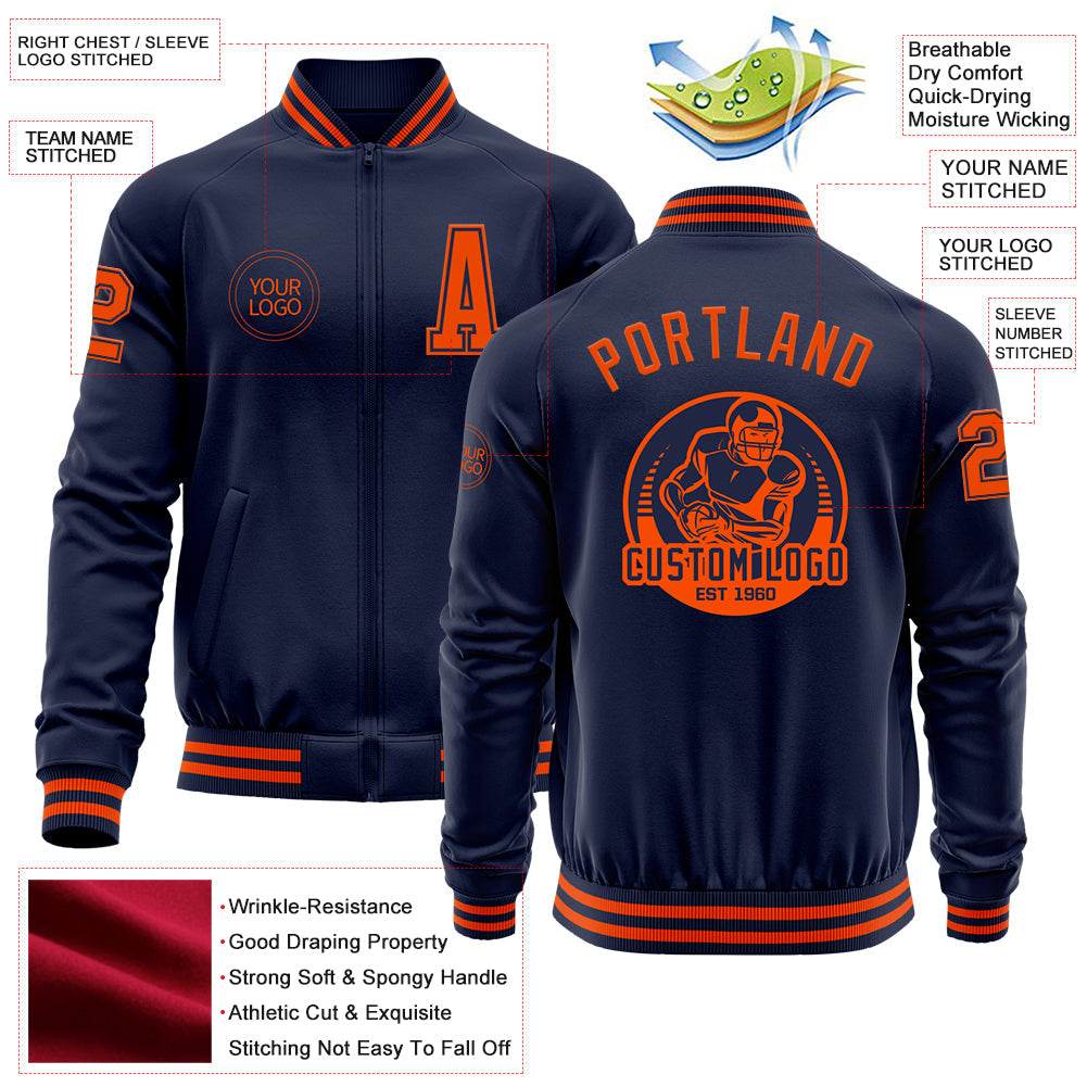 Custom Navy Orange Bomber Varsity Letterman Zipper Jacket view 4