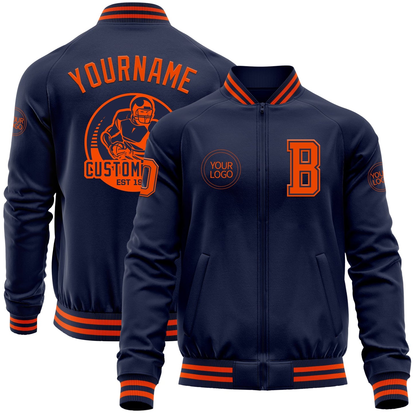 Custom Navy Orange Bomber Varsity Letterman Zipper Jacket - Main View