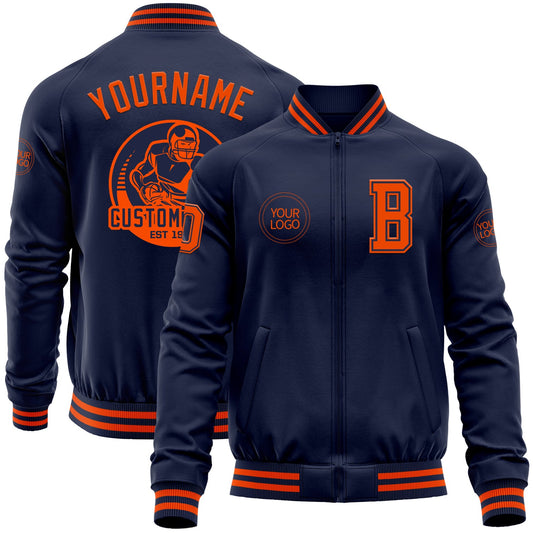Custom Navy Orange Bomber Varsity Letterman Zipper Jacket - Main View