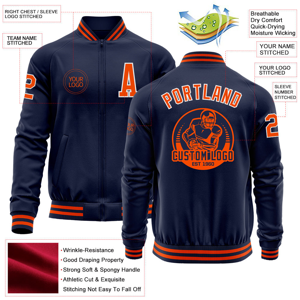 Custom Navy Orange-White Bomber Varsity Letterman Zipper Jacket view 4