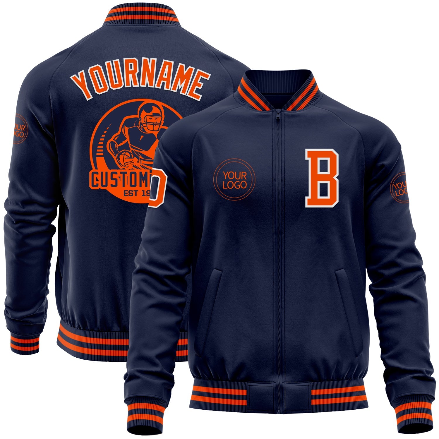 Custom Navy Orange-White Bomber Varsity Letterman Zipper Jacket - Main View