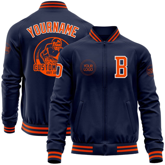 Custom Navy Orange-White Bomber Varsity Letterman Zipper Jacket - Main View