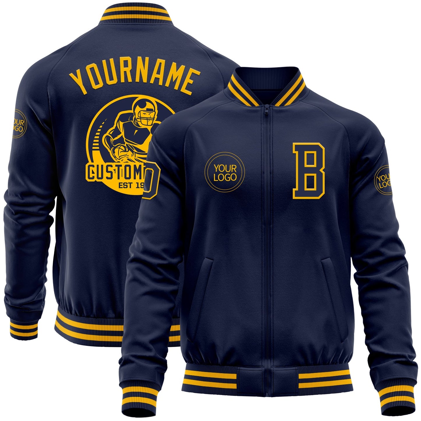 Custom Navy Gold Bomber Varsity Letterman Zipper Jacket - Main View