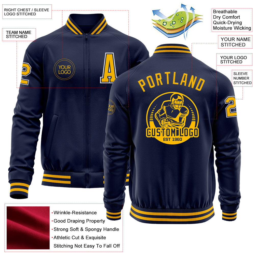 Custom Navy Gold-White Bomber Varsity Letterman Zipper Jacket view 4