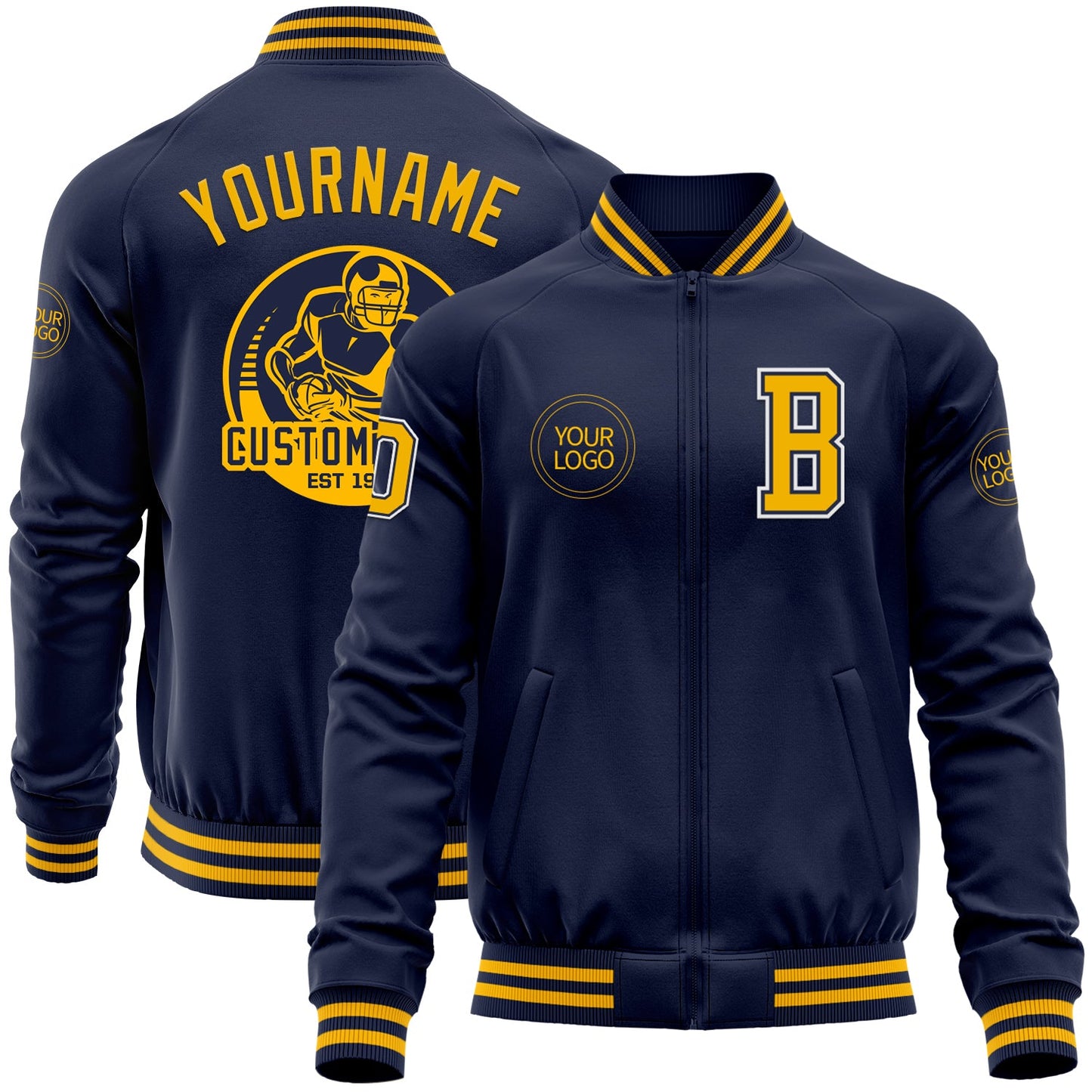 Custom Navy Gold-White Bomber Varsity Letterman Zipper Jacket - Main View