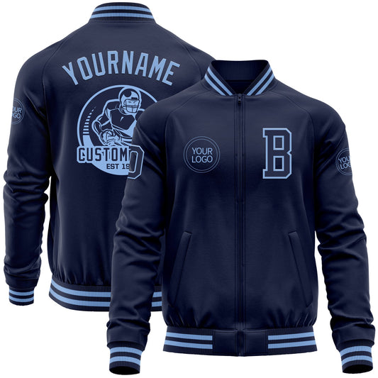 Custom Navy Light Blue Bomber Varsity Letterman Zipper Jacket - Main View
