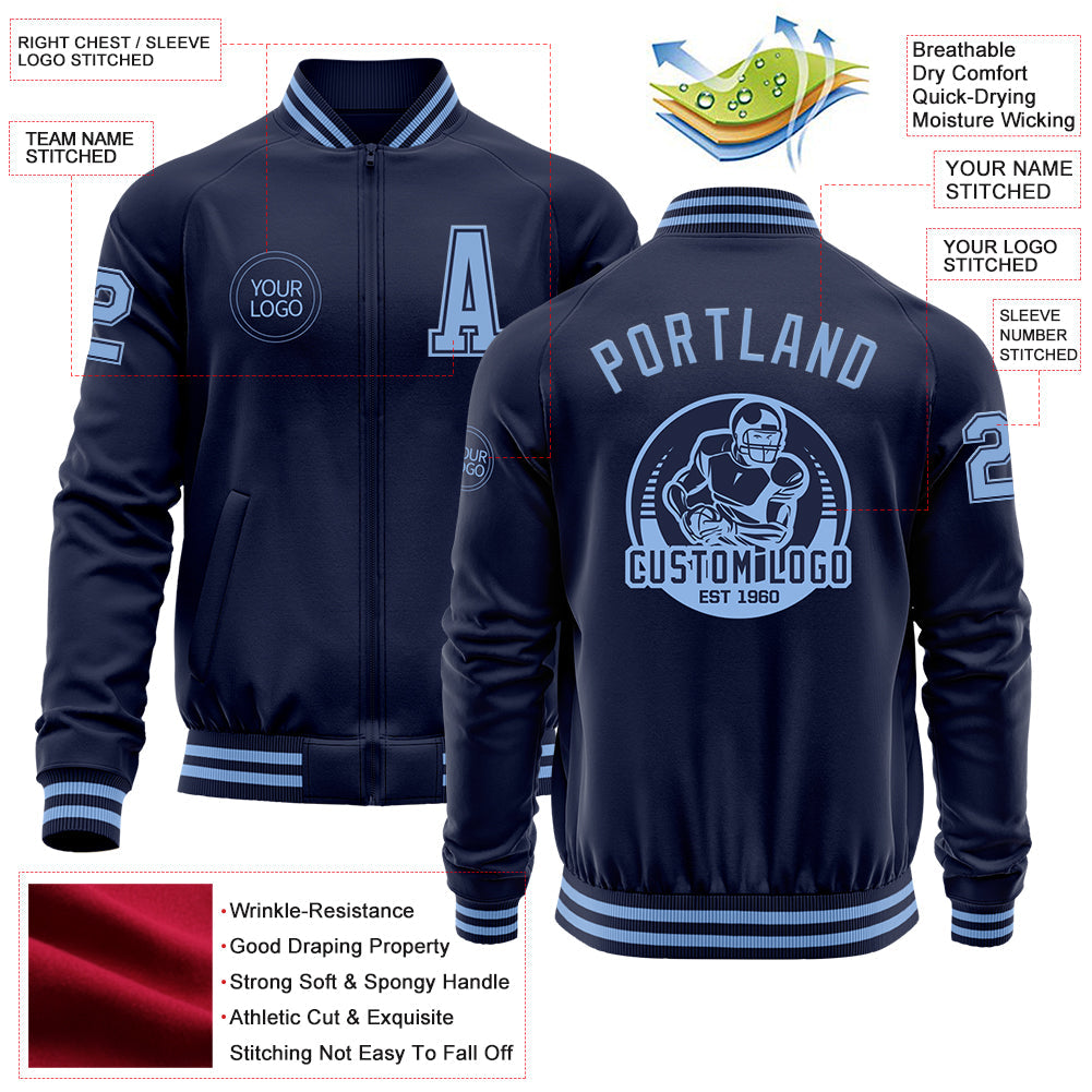 Custom Navy Light Blue Bomber Varsity Letterman Zipper Jacket view 4
