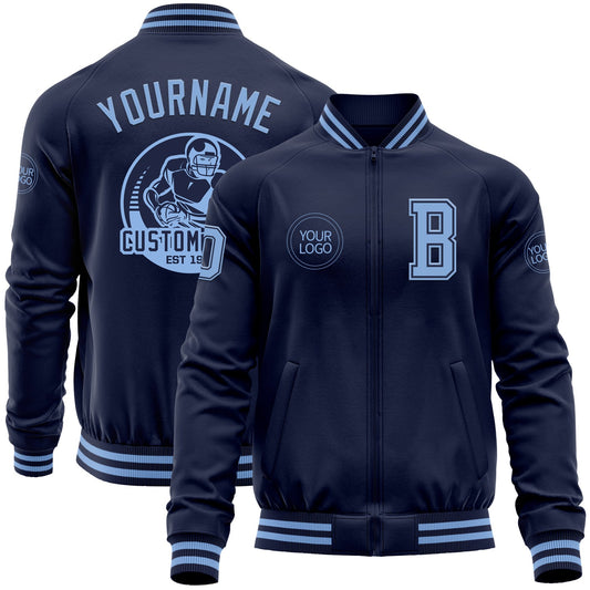 Custom Navy Light Blue Bomber Varsity Letterman Zipper Jacket - Main View