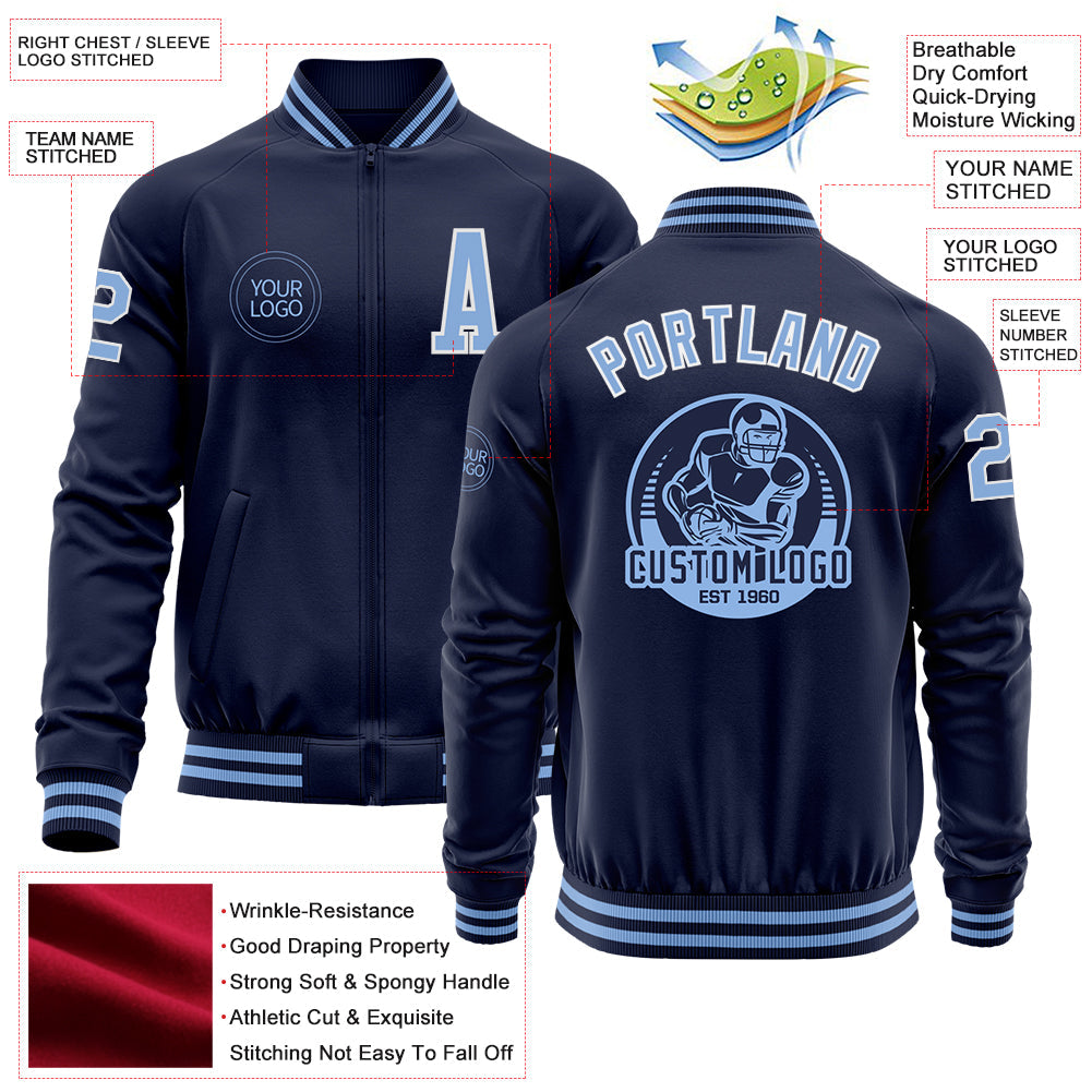 Custom Navy Light Blue-White Bomber Varsity Letterman Zipper Jacket view 4